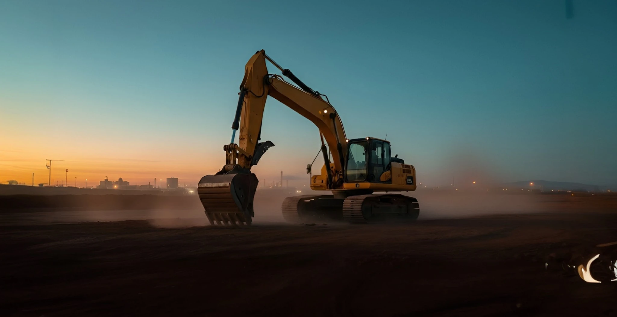 Large yellow excavator on a construction site at sunset with its boom raised.